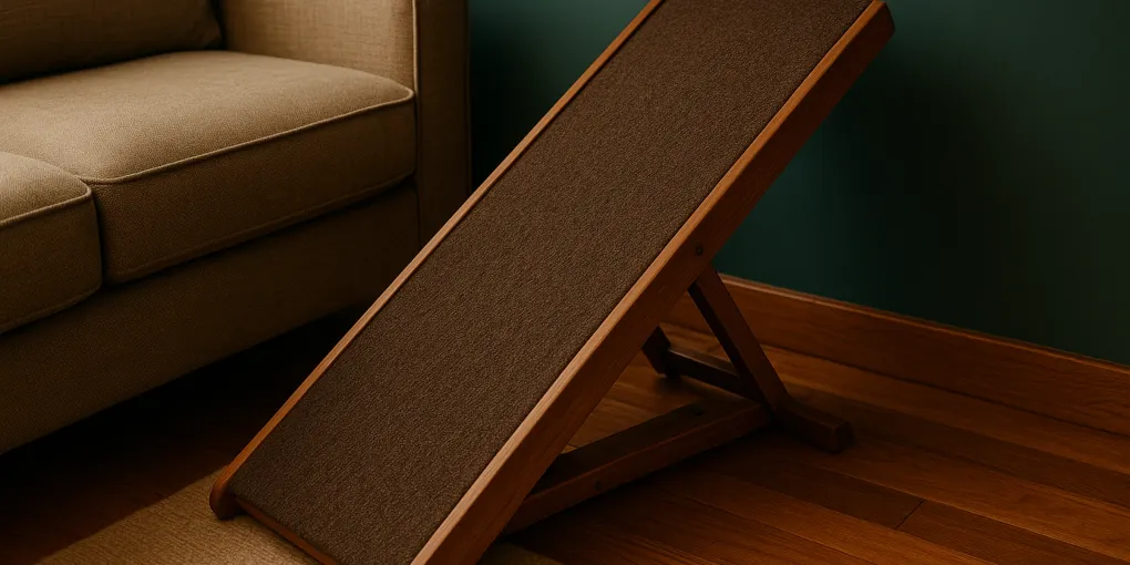 Wooden dog ramp leaning against sofa with small senior dog at the bottom
