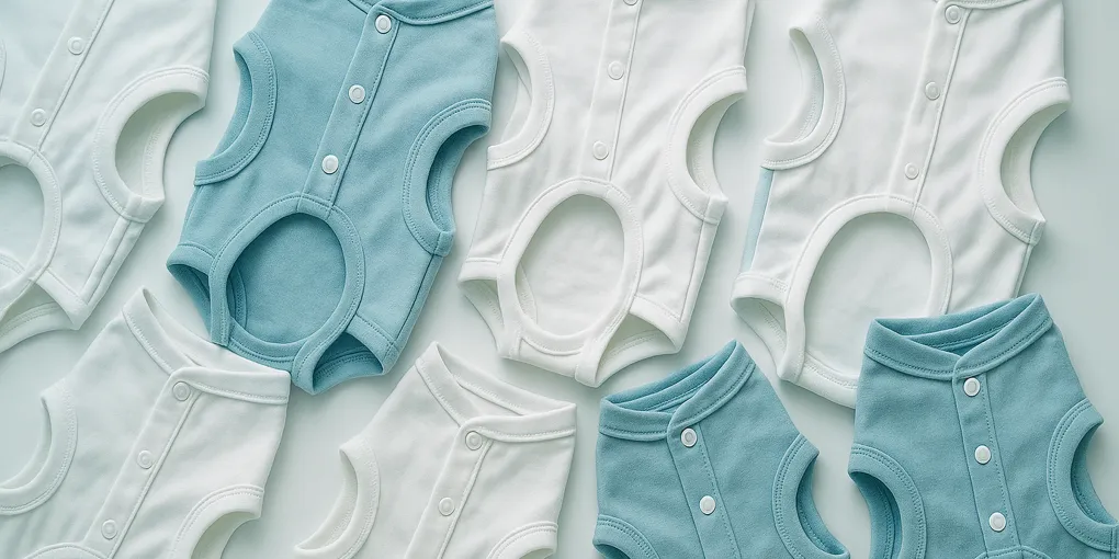 Light blue post-surgical recovery suit on a medium-sized dog mannequin form on a clean light surface