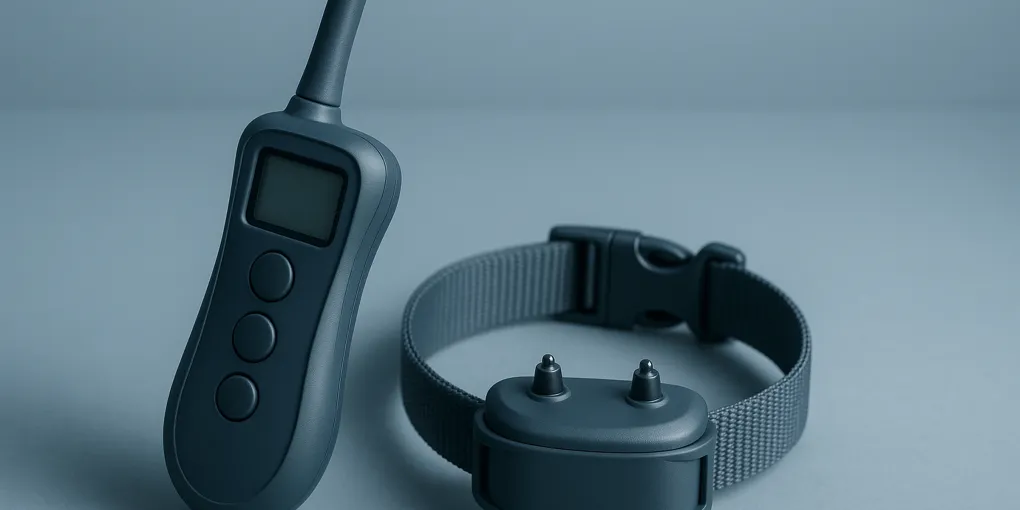 A dog remote trainer collar and handheld transmitter on a wooden surface with a dog sitting attentively in the background