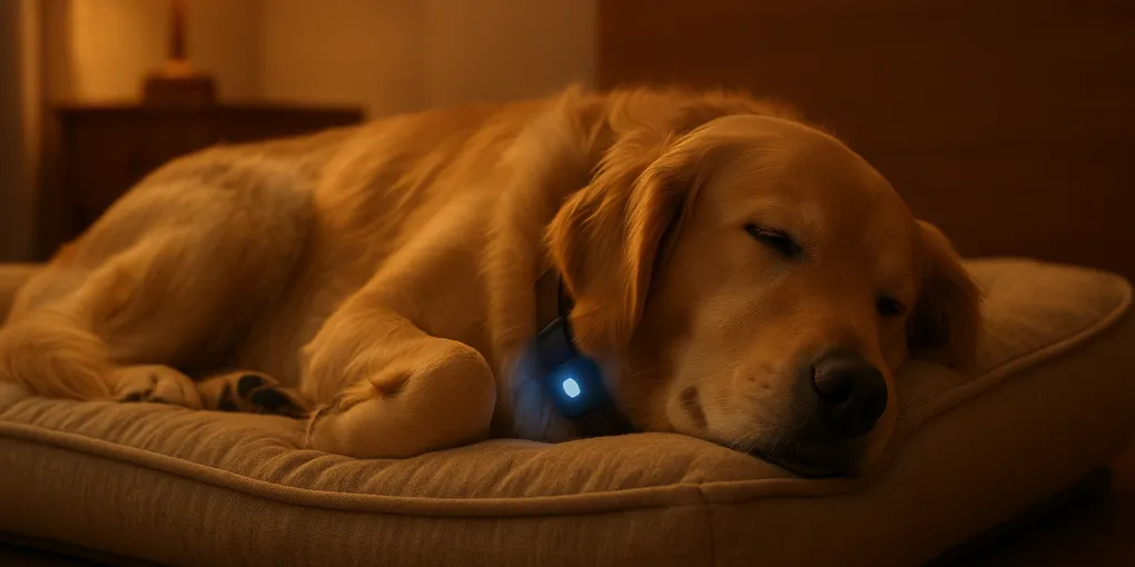 Dog sleeping peacefully on a bed with a collar-mounted sleep tracker