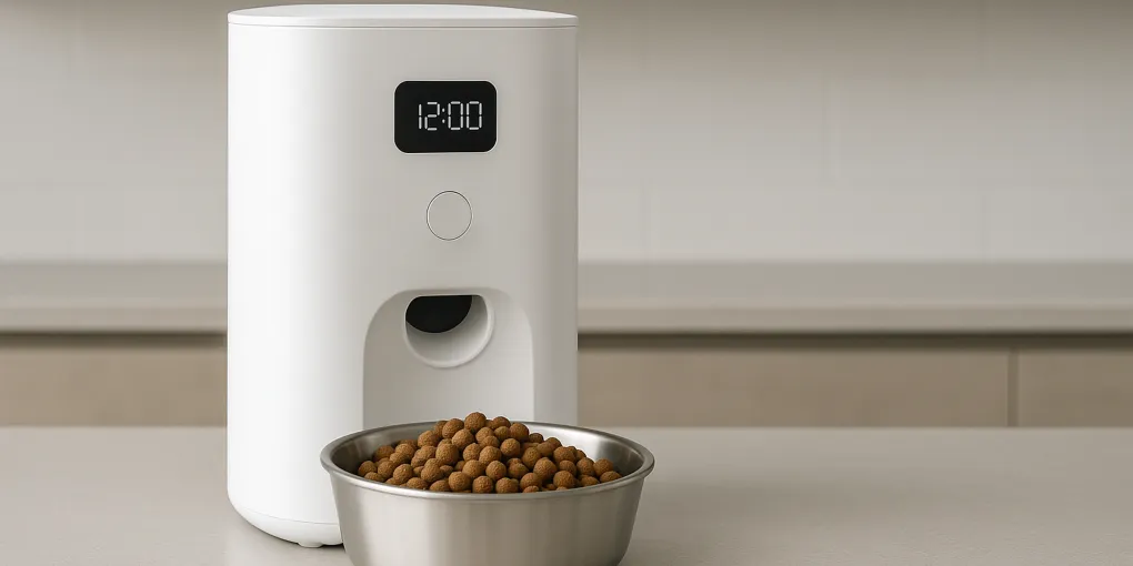 Smart automatic dog feeder dispensing kibble into a stainless steel bowl