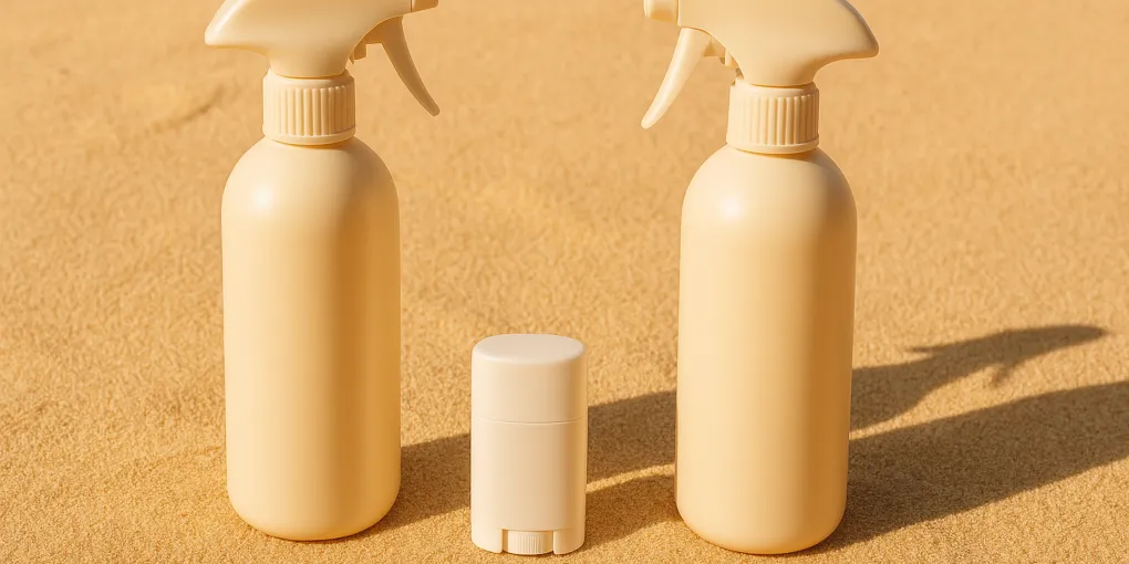 Dog sunscreen spray bottle and balm on a bright outdoor surface with sunny warm light