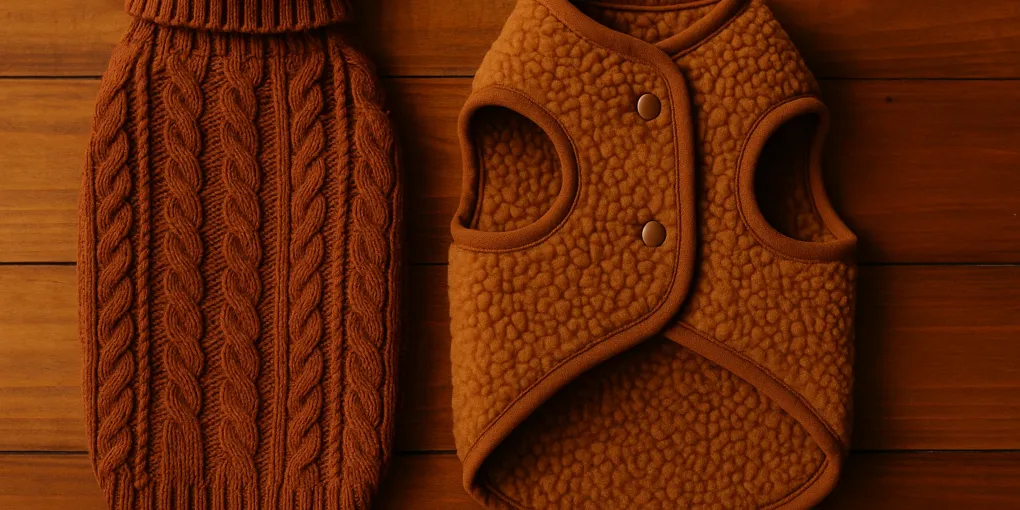 A senior golden retriever wearing a cozy cable-knit sweater in warm indoor lighting