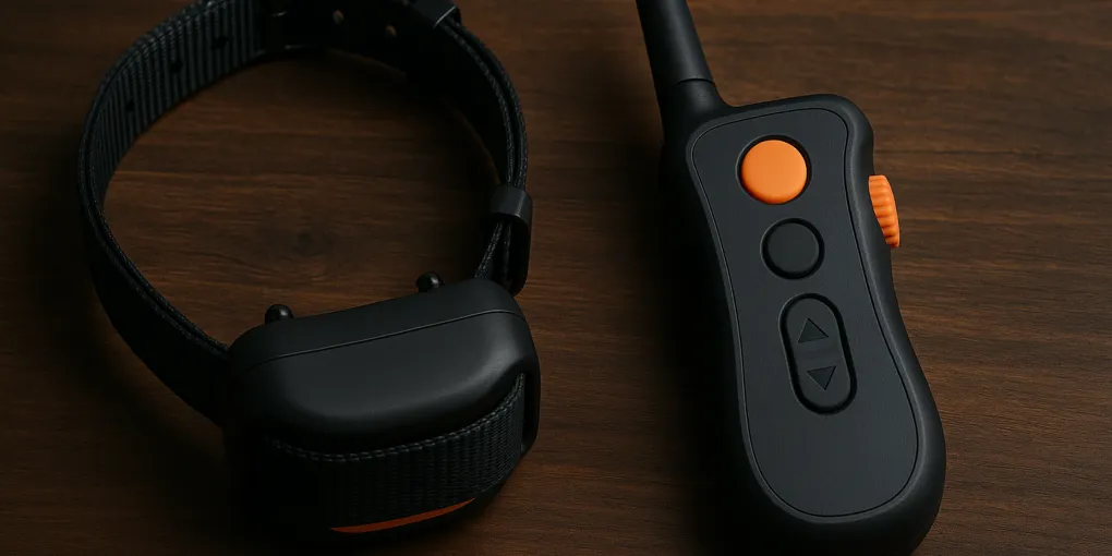 Remote dog training collar with handheld transmitter on wooden surface