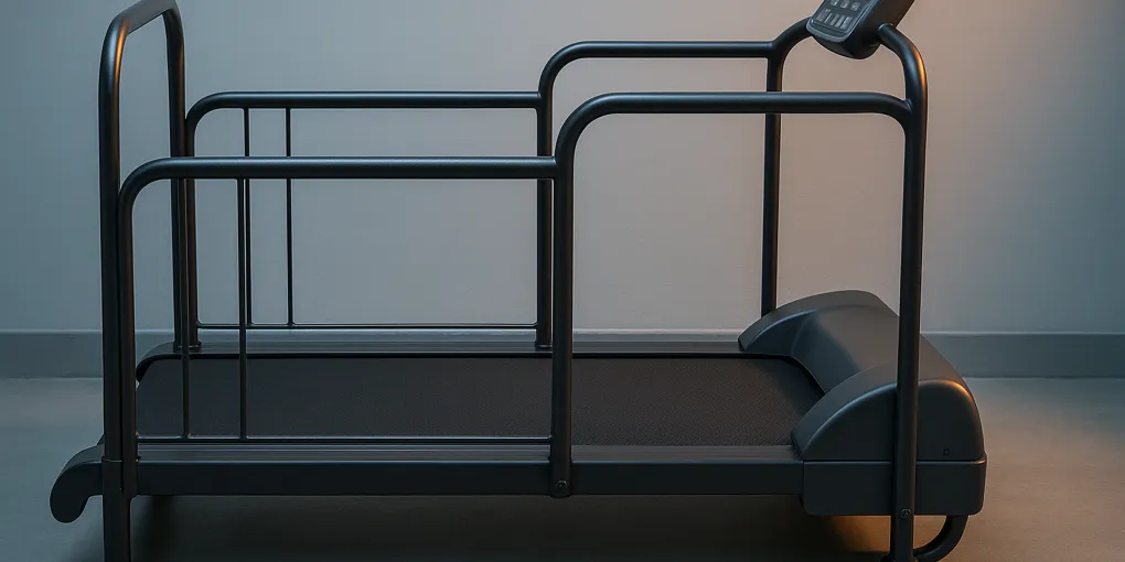 Dog treadmill with wide belt and safety side rails on a clean hardwood floor with warm indoor lighting