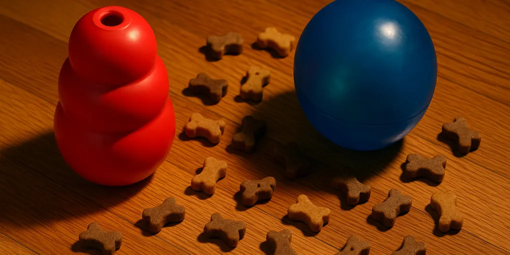 Dog enthusiastically rolling a treat dispenser ball toy across the floor to release kibble