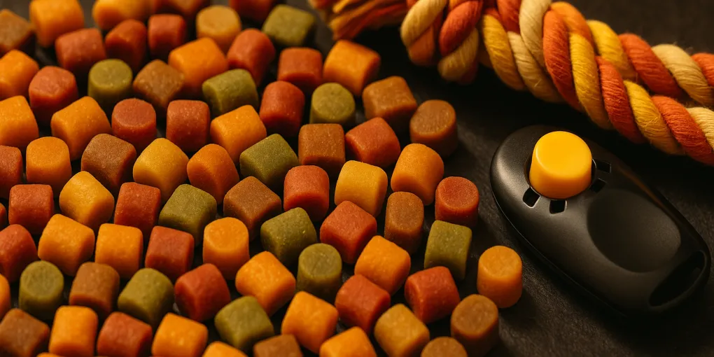 Small soft dog training treats in a hand with a dog sitting attentively in the background