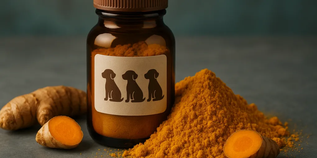 Amber glass supplement bottles with golden turmeric powder and fresh turmeric root on warm wood surface