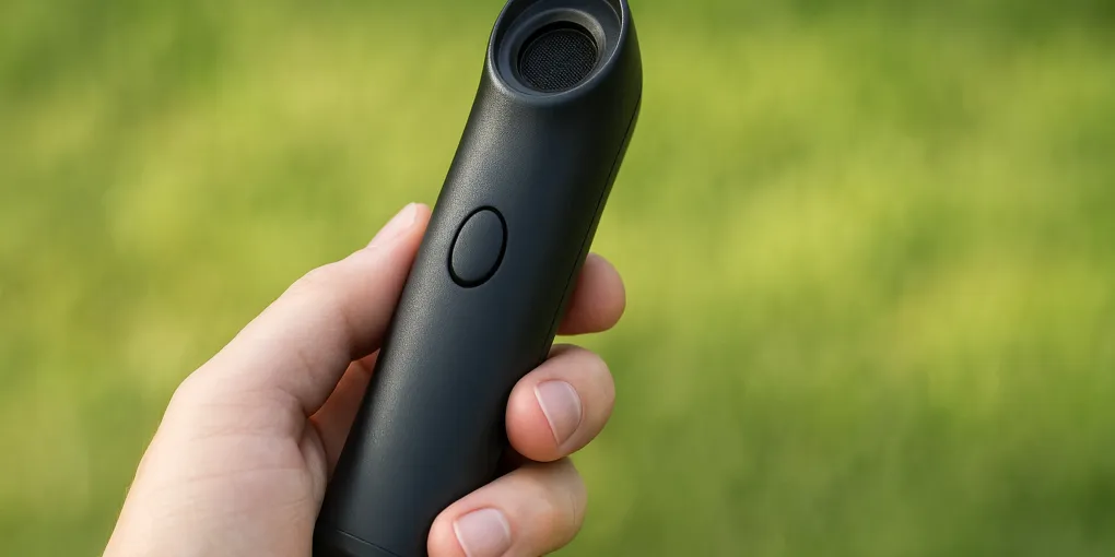 Handheld ultrasonic dog training device pointed toward a dog in an outdoor yard setting