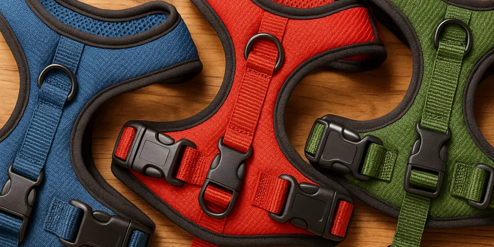 A senior Labrador wearing a padded chest harness on a gentle walk along a paved path