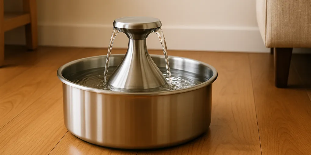 Stainless steel dog water fountain with free-falling stream in a kitchen setting