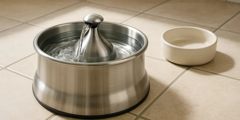 Clean stainless steel dog water fountain with flowing water stream on a kitchen floor