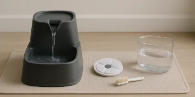 Unbranded charcoal-gray pet-water fountain on a neutral floor mat with a detached filter, cleaning brush, and water container