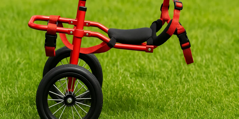 Happy senior dog using a red dog wheelchair on grass, side profile view