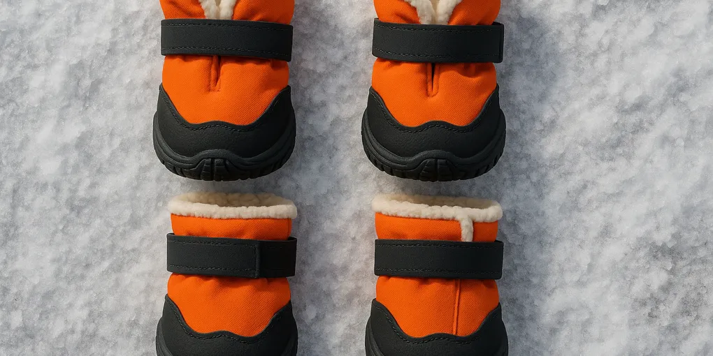 A senior dog wearing orange winter boots walking through snow on a cold day