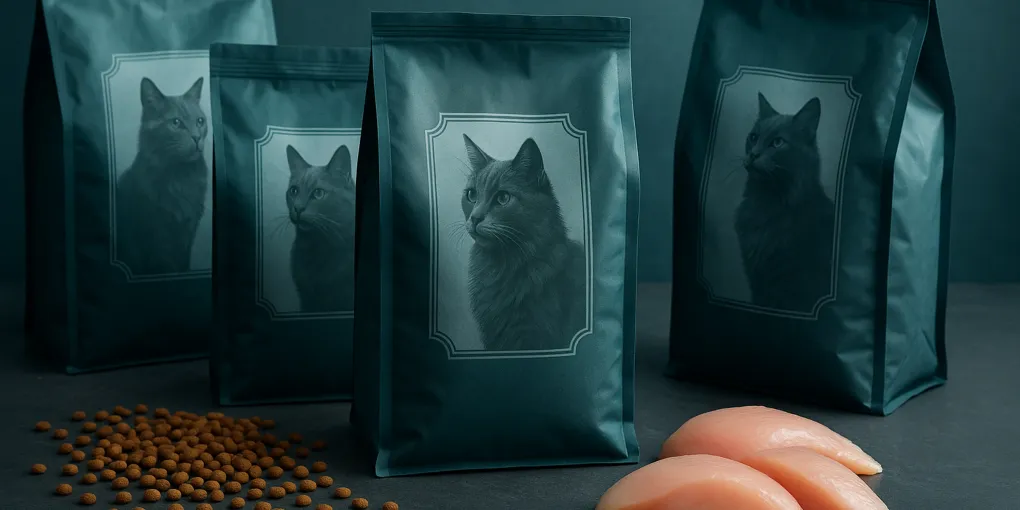 Bag of premium dry cat food with kibble pieces scattered on a clean surface