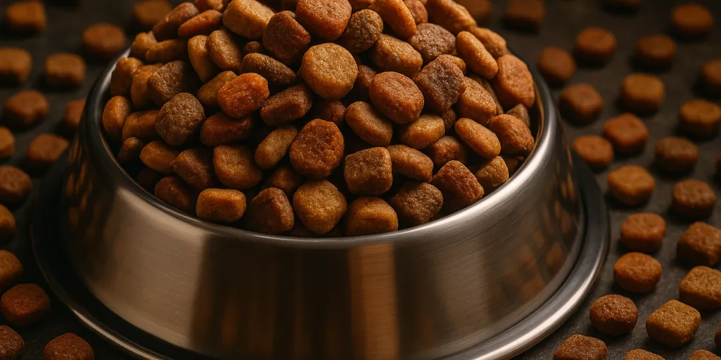 Several varieties of dry dog food kibble in bowls on a clean white surface with natural lighting