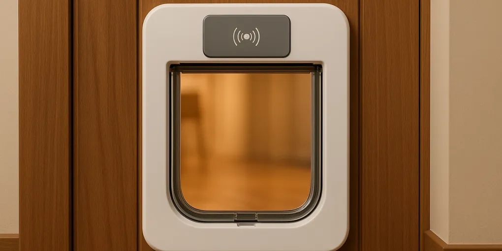 Electronic microchip pet door installed in a home door with a cat approaching