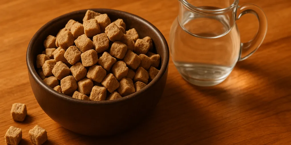 Freeze-dried dog food nuggets in a bowl beside a water pitcher on a wooden kitchen surface