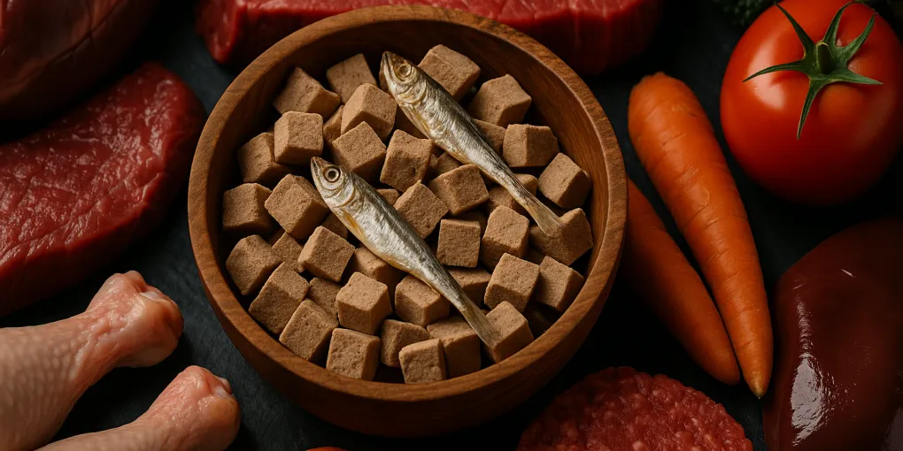 Freeze-dried dog treats displayed on a wooden surface with fresh meat in the background