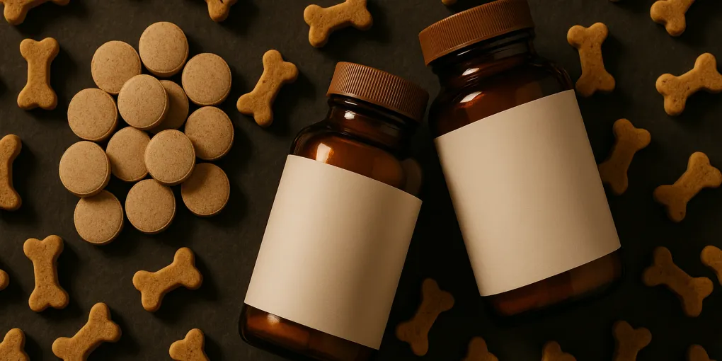 Supplement bottles for dogs with joint support labels on wooden surface beside dog treat