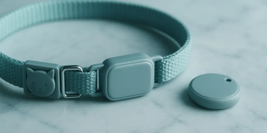 Lightweight cat collar with GPS tracker and small Bluetooth tag on marble