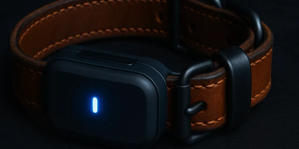 Large breed dog collar with GPS tracker module on dark surface