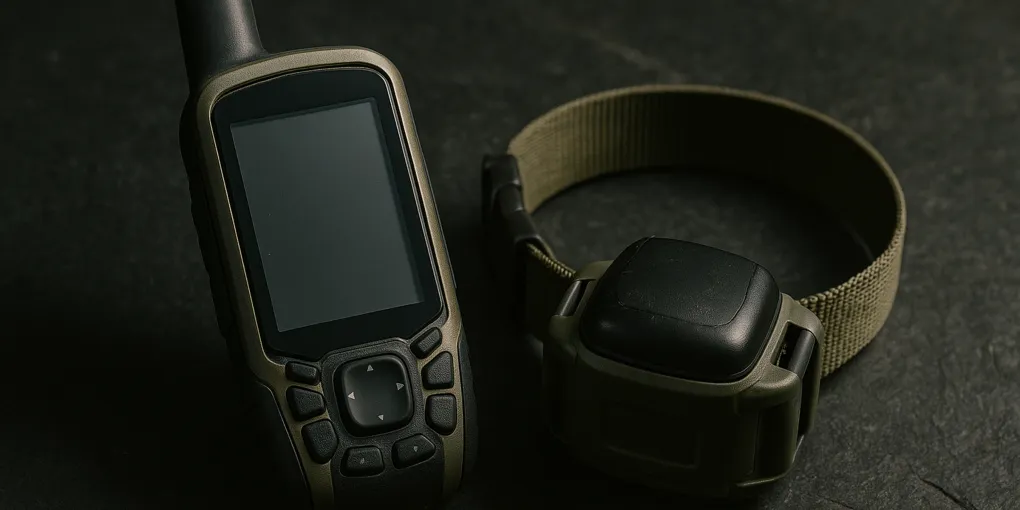Rugged handheld GPS receiver with antenna next to a collar tracker