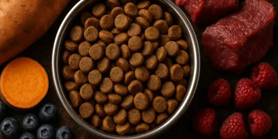 Grain-free dry dog food kibble in a bowl surrounded by protein ingredients on a wood surface