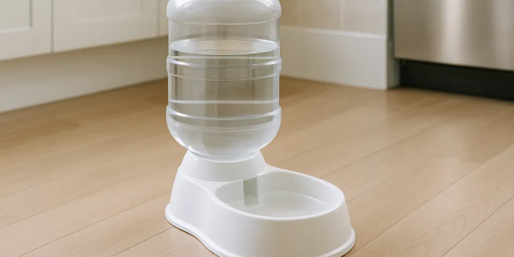 Clear gravity pet water dispenser with inverted reservoir on a kitchen floor, a golden retriever drinking from the bowl