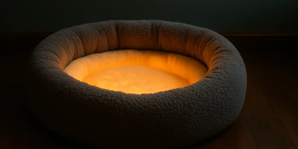 Cozy heated dog bed with warm amber glow on dark surface, plush gray fleece cover