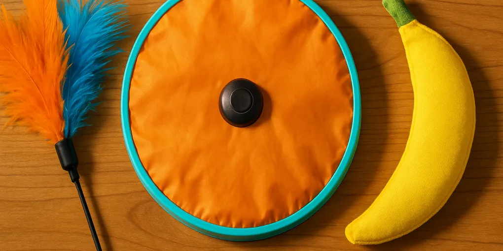 Colorful feather wand cat toy with a cat mid-leap on a wood floor