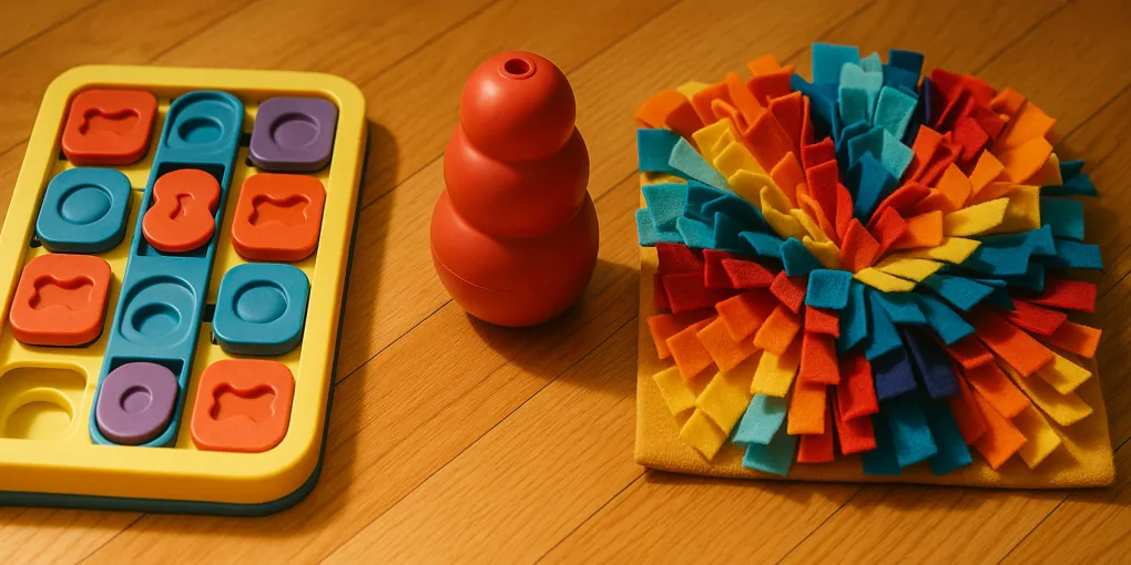 Dog puzzle toy with sliding compartments and treat holes on wooden surface