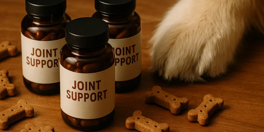 Amber supplement bottle with joint support label beside dog paw on warm wooden surface