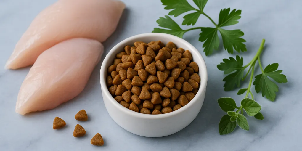Kitten eating from a bowl of dry kitten food on a kitchen floor