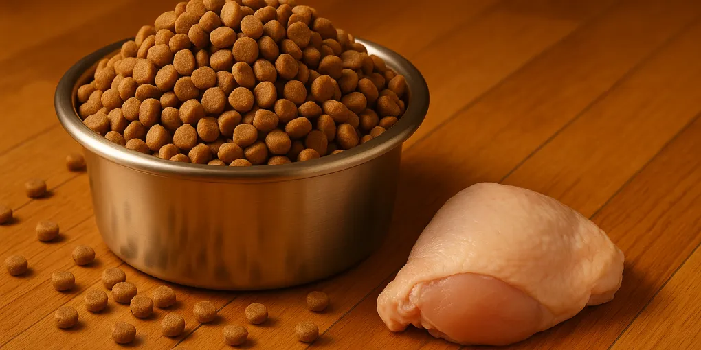 Large breed puppy food kibble in bowl with Labrador Retriever puppy eating on wood floor