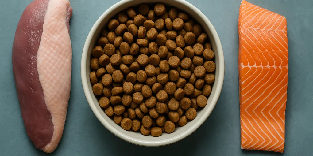 Single protein dog food with limited ingredients displayed on a clean surface with raw protein ingredients