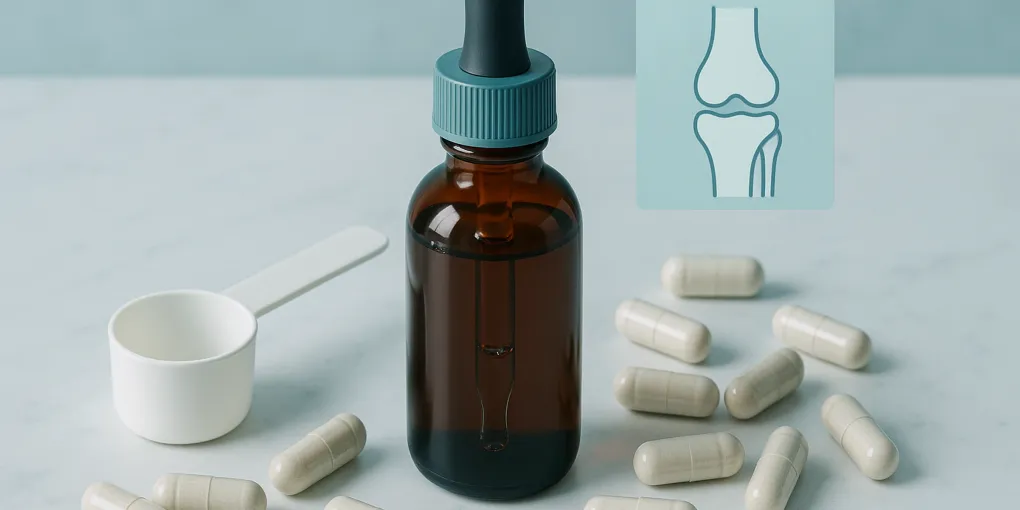 Liquid glucosamine supplement bottle with dropper beside a senior dog bowl on a kitchen counter