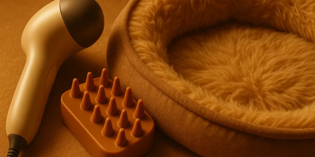 Close-up of a handheld massage tool near a senior dog resting on a soft orthopedic bed in warm indoor light
