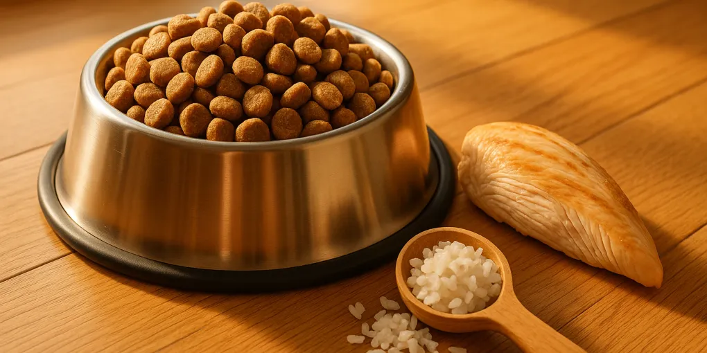 Medium breed dog food kibble in a stainless steel bowl with Labrador Retriever in background on wood floor