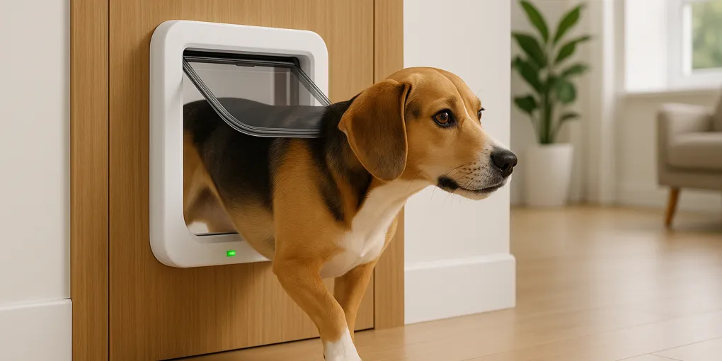 Microchip dog door installed in exterior door with a Labrador stepping through