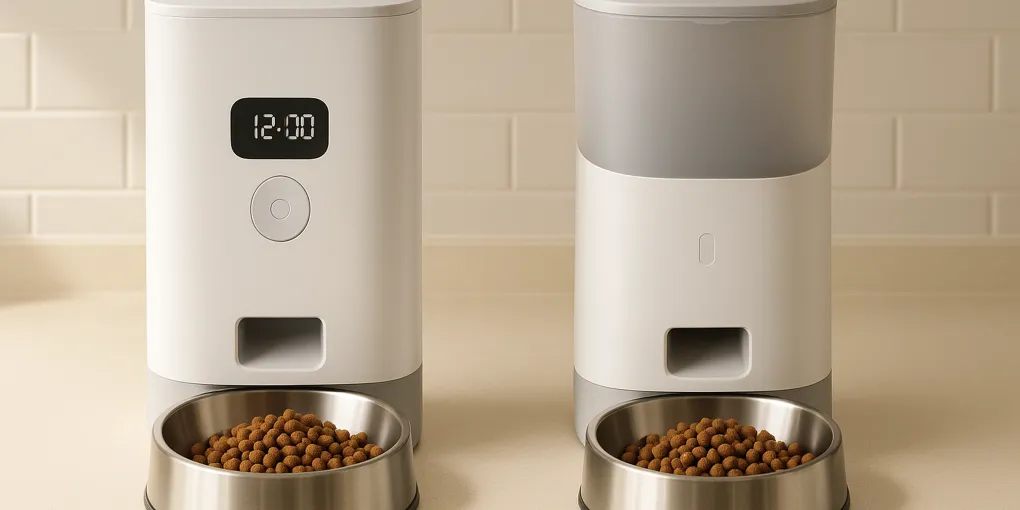 Two cats eating from separate automatic feeders in a kitchen, one feeder with a closed lid and one dispensing kibble