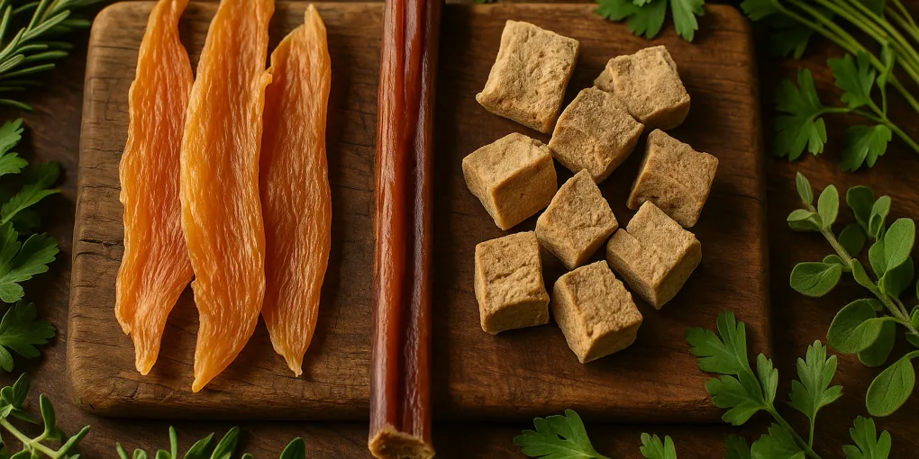 Natural single-ingredient dog treats including dried chicken chips, bully sticks, and sweet potato chews on a wooden board
