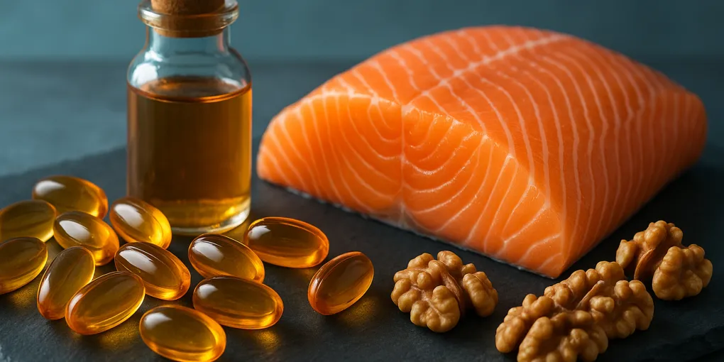 Amber softgel fish oil capsules beside a fresh salmon fillet on a clean wooden surface