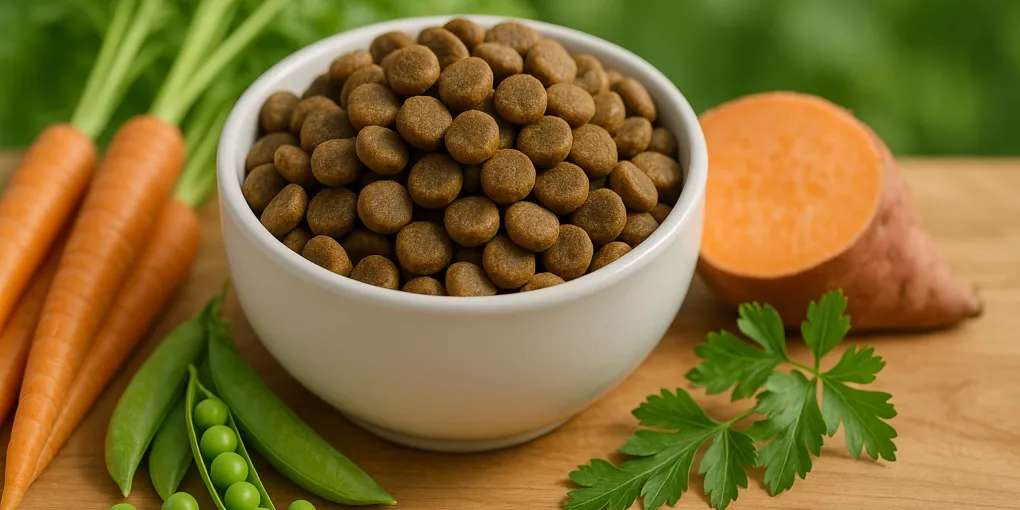 Organic dog food with USDA organic certified ingredients on natural wood surface with fresh produce