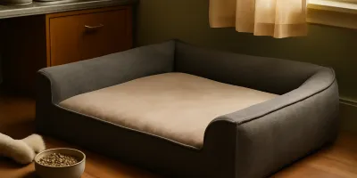 Photorealistic pet-care setup for best orthopedic dog bed for senior dogs with no faces, logos, or text