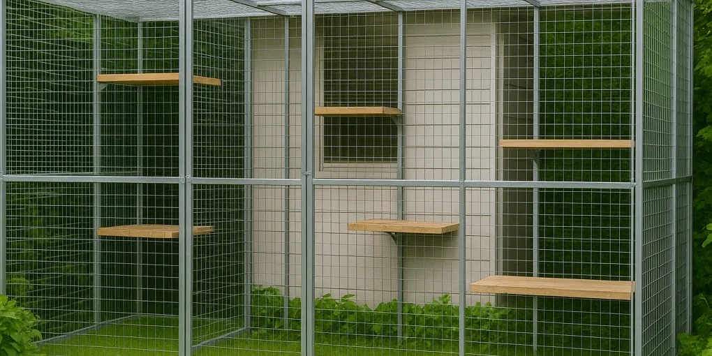 Outdoor cat enclosure with mesh panels and climbing shelves attached to a house exterior