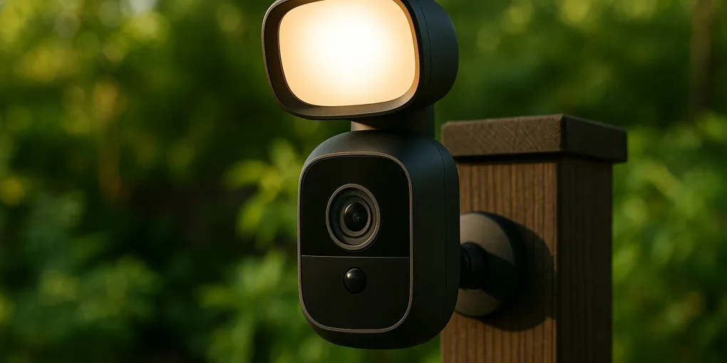 Outdoor security camera mounted on a fence with a dog visible in a garden yard below