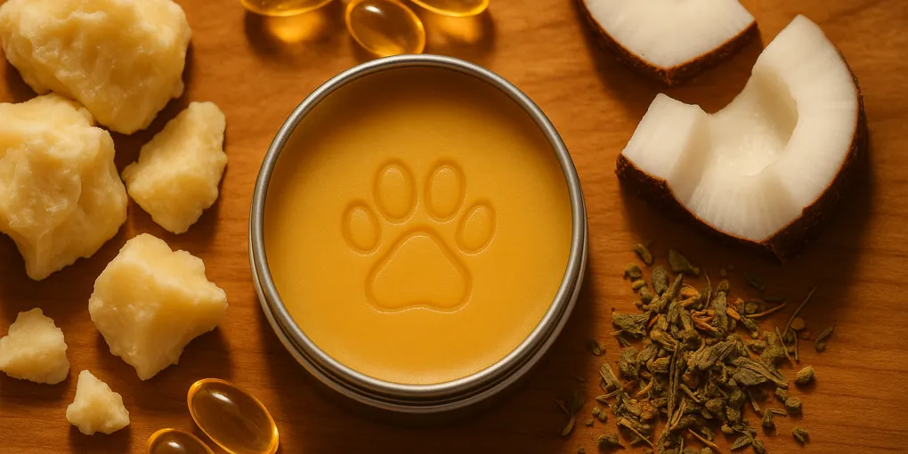 Dog paw balm tin and natural ingredients on wooden surface with warm light