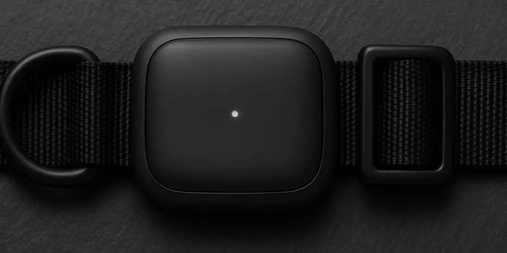 Dog activity monitor tracker clipped to dog collar on dark background